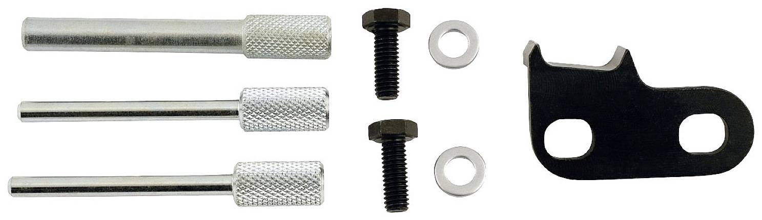 Three metal screws with knurled heads, two nuts, two washers, and a black metal plate with two holes.