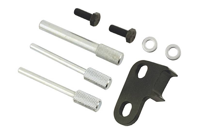 A set of metal tools: three silver pins, a black holder, two screws and two washers.