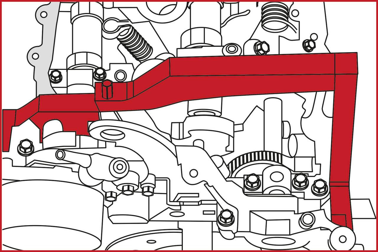 Technical drawing of an automotive component with a red component highlighted, representing a key connecting element.