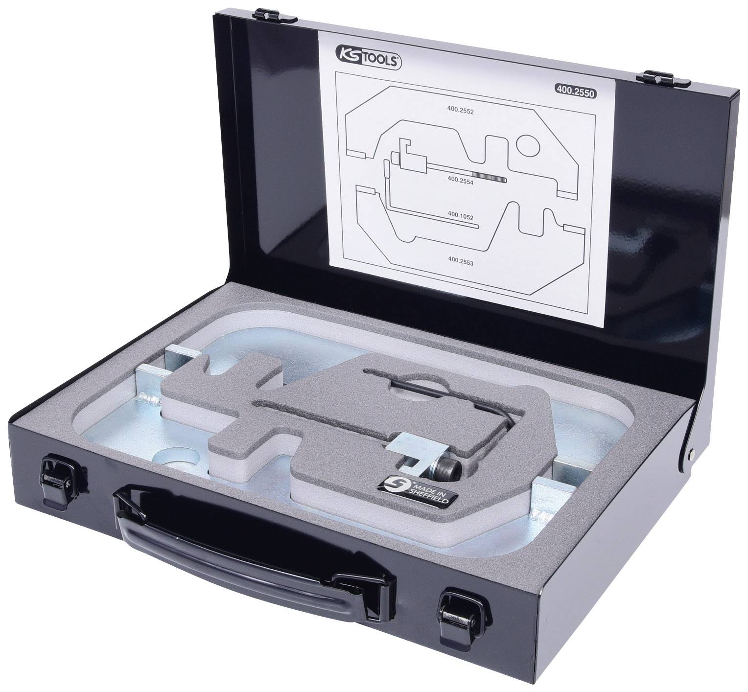 An open suitcase with foam inserts contains precision tools and an installation guide in the lid.