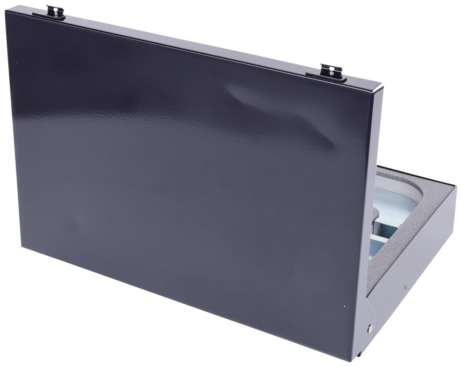 An open black metal case with foam lining inside, used as a protective container for delicate items.