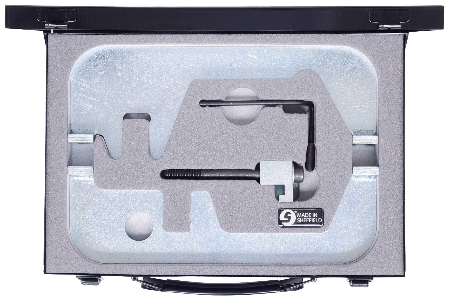 A toolkit in a case, comprising a metal clamp and lever. Logo reading 'Made in Sheffield'. Metalworking tool.