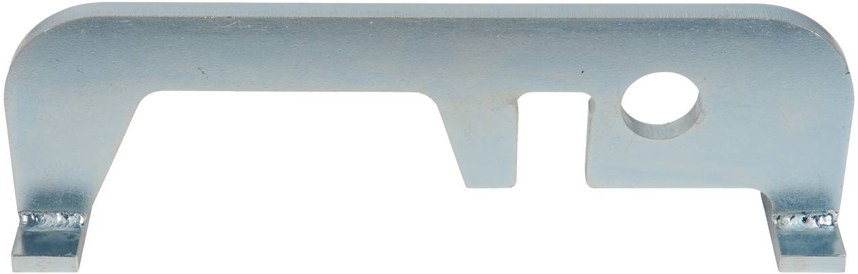 Metal mounting bracket with straight and curved sections, large circular hole, and recess, likely for fixing or stabilisation.