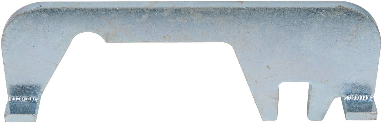 Metal mounting bracket, flat, with recesses and curved edges, used for attaching to various surfaces.