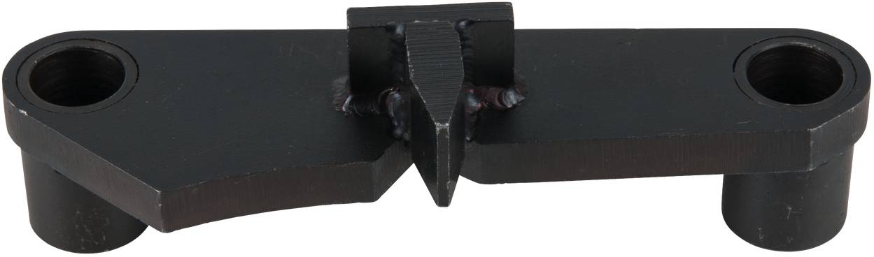 A black, metallic component with two round apertures at its ends and a raised central section.