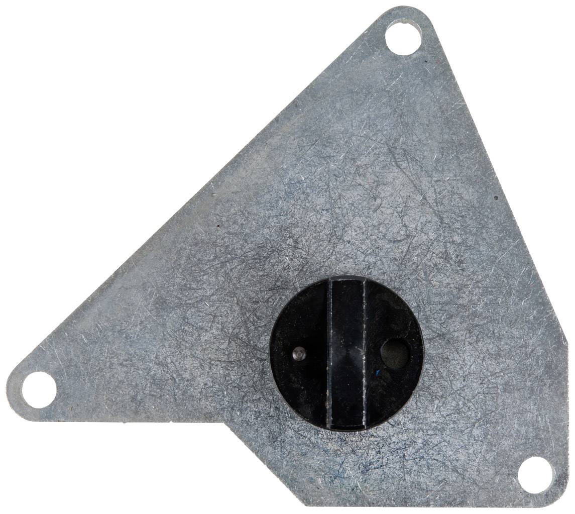 Triangular metal plate with bevelled edges and three holes at the corners, with a black circular protrusion visible in the centre.