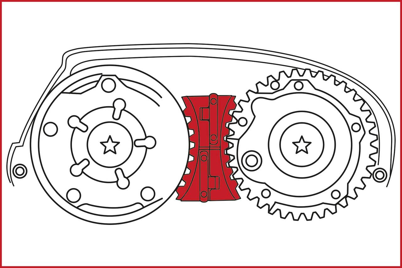 Illustration of a gearbox diagram with two gears and a red intermediate element in the centre, transmitting torque.