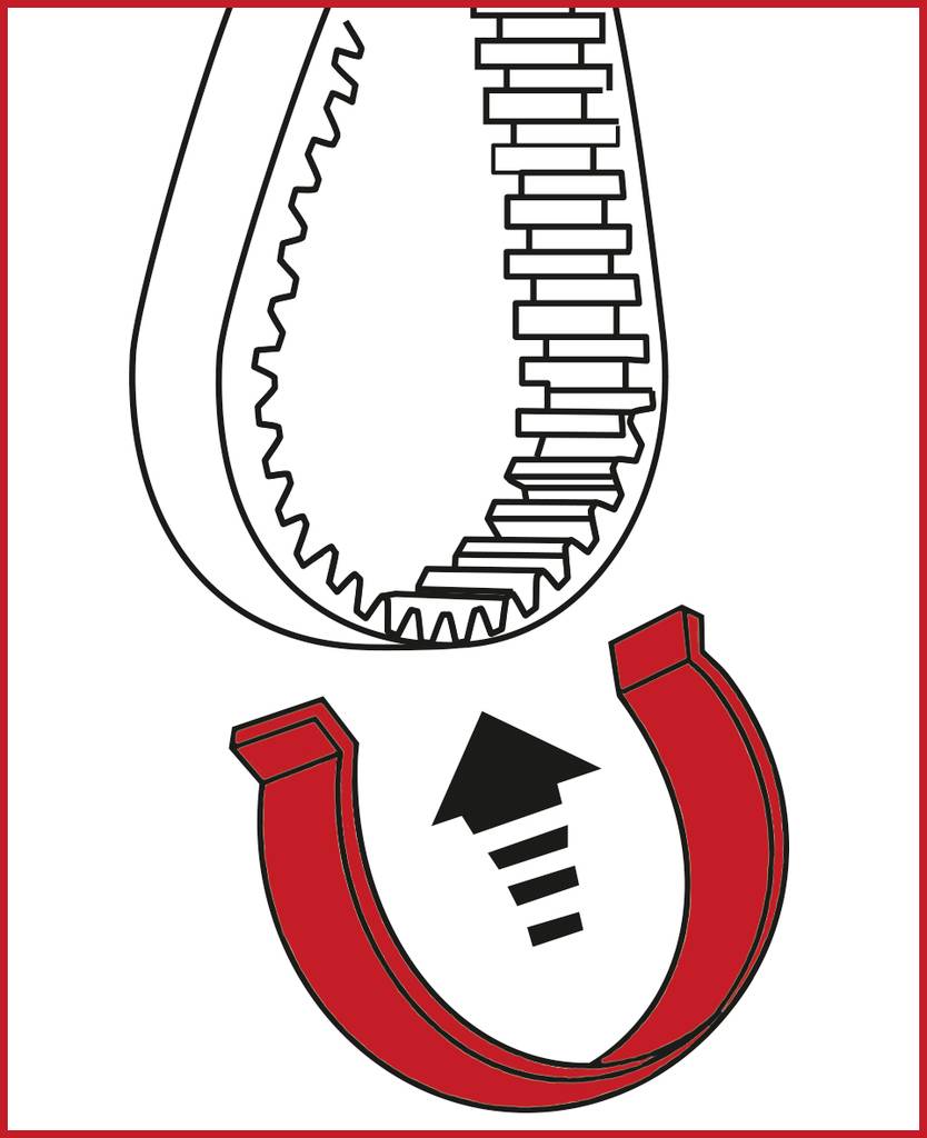 A red horseshoe is moved by an arrow towards a toothed V-belt, indicating its fit.