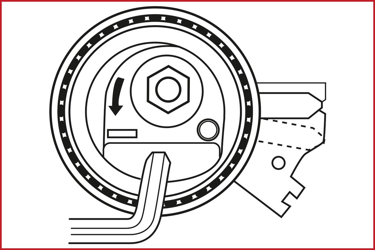 Diagram of a technical component with screw head and arrow, showing direction and cable connections. Purpose unclear without further context.