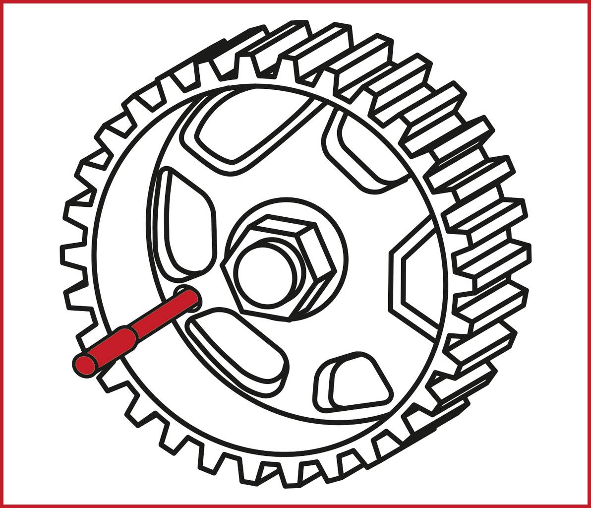A technical drawing of a gear with a red-marked pin. The gear shows fine details and a central nut.