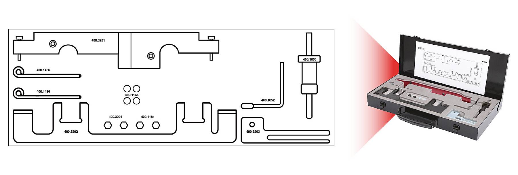 Technical drawing of a tool set in a case. Contains various tools for motor repairs with individual component numbers.