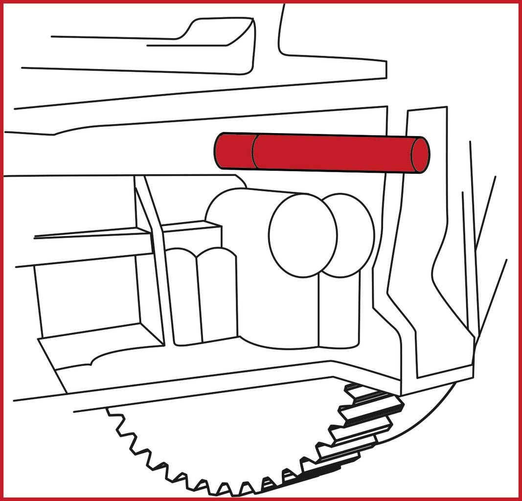 Technical drawing of a mechanical component with a red cylinder. Gears and details of the internal mechanism are visible.