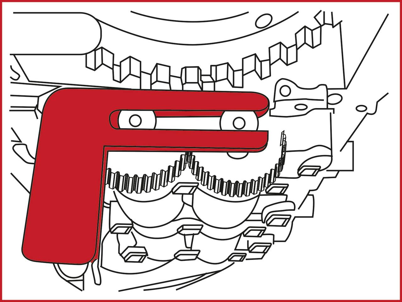 Illustration of a mechanical system: Gears of various sizes, overlaid with a red, plier-like element.