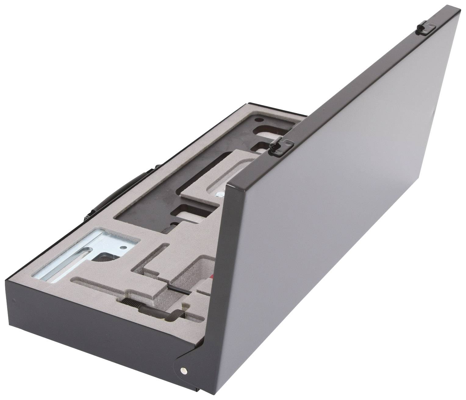 An opened, foam-padded case with compartments for securely storing tools or equipment.