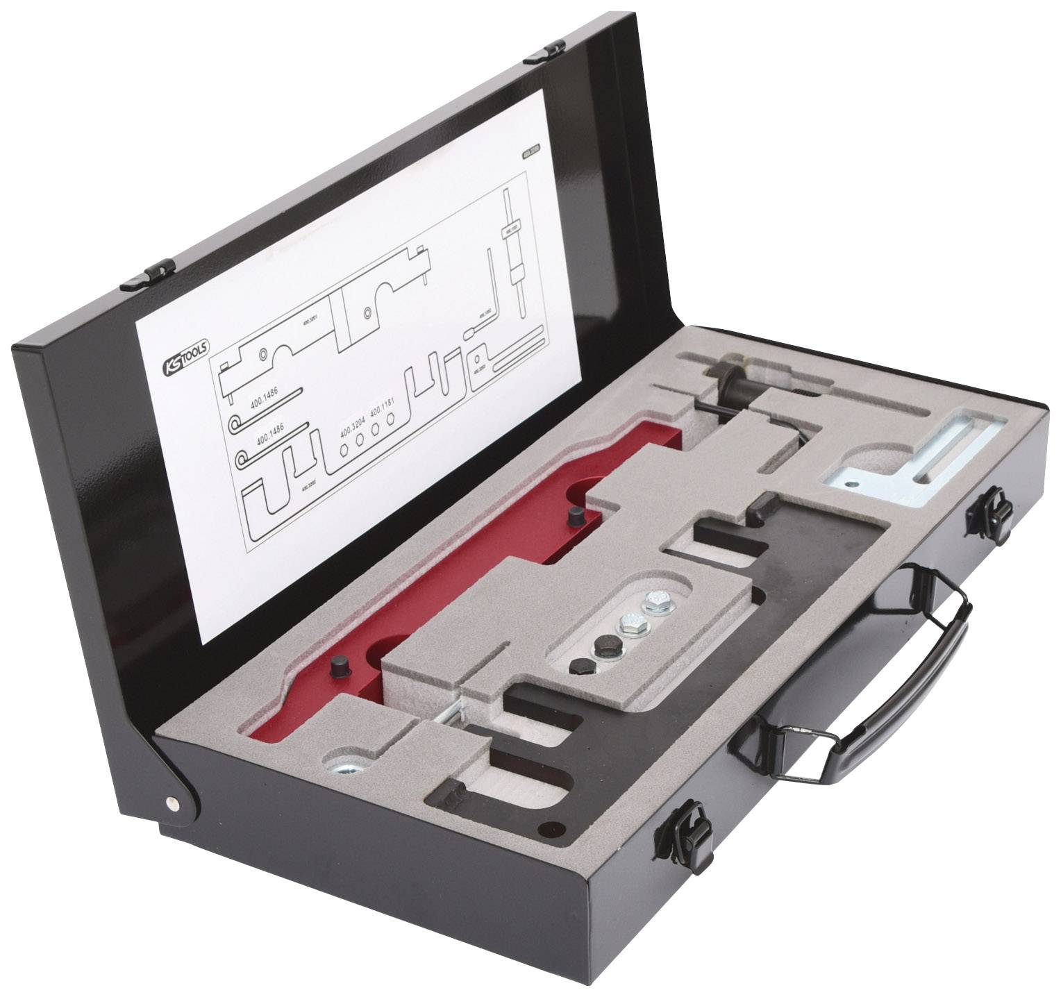 Metal case with foam lining, contains specialised tools and an instruction sheet. Designed for professional repairs.