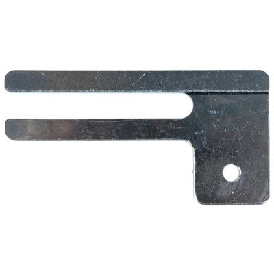 Metal component with two parallel-running prongs and a hole. Used in mechanical applications, potentially as a mounting bracket.