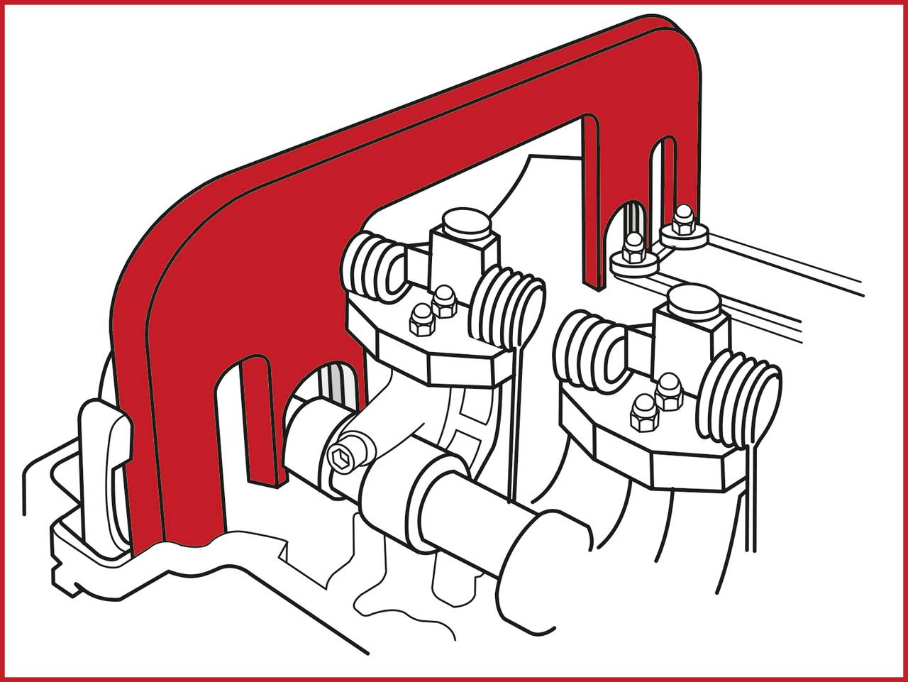 Drawing of a part of an engine with a red protective guard at the top, which is guided over two valves.