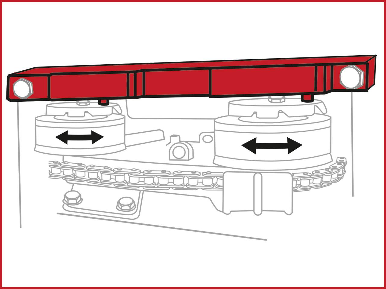 Drawing of a mechanical device with a chain system, arrows indicating horizontal movement, red bar at the top as a cover.