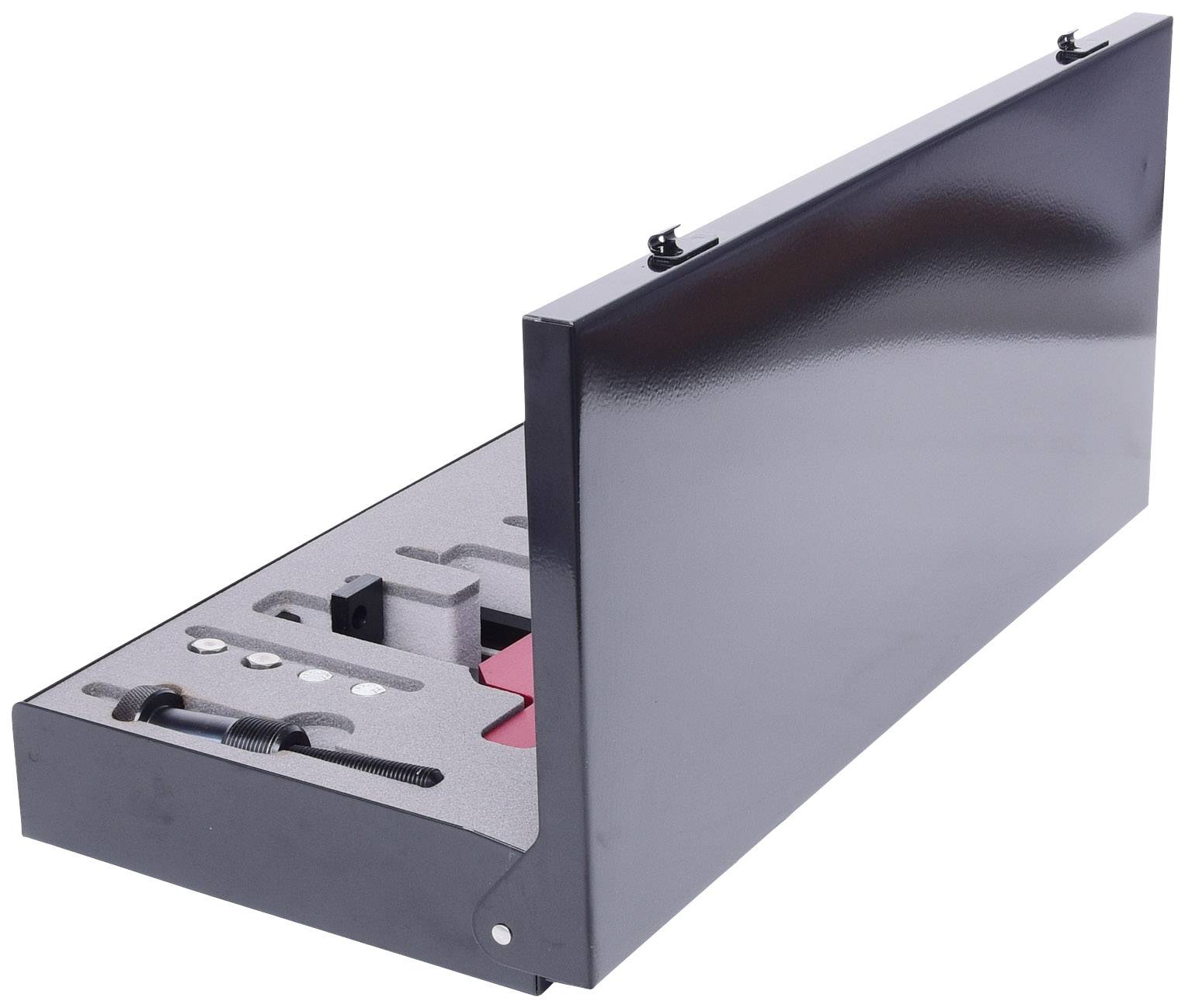 An open black toolbox containing various tools and accessories.