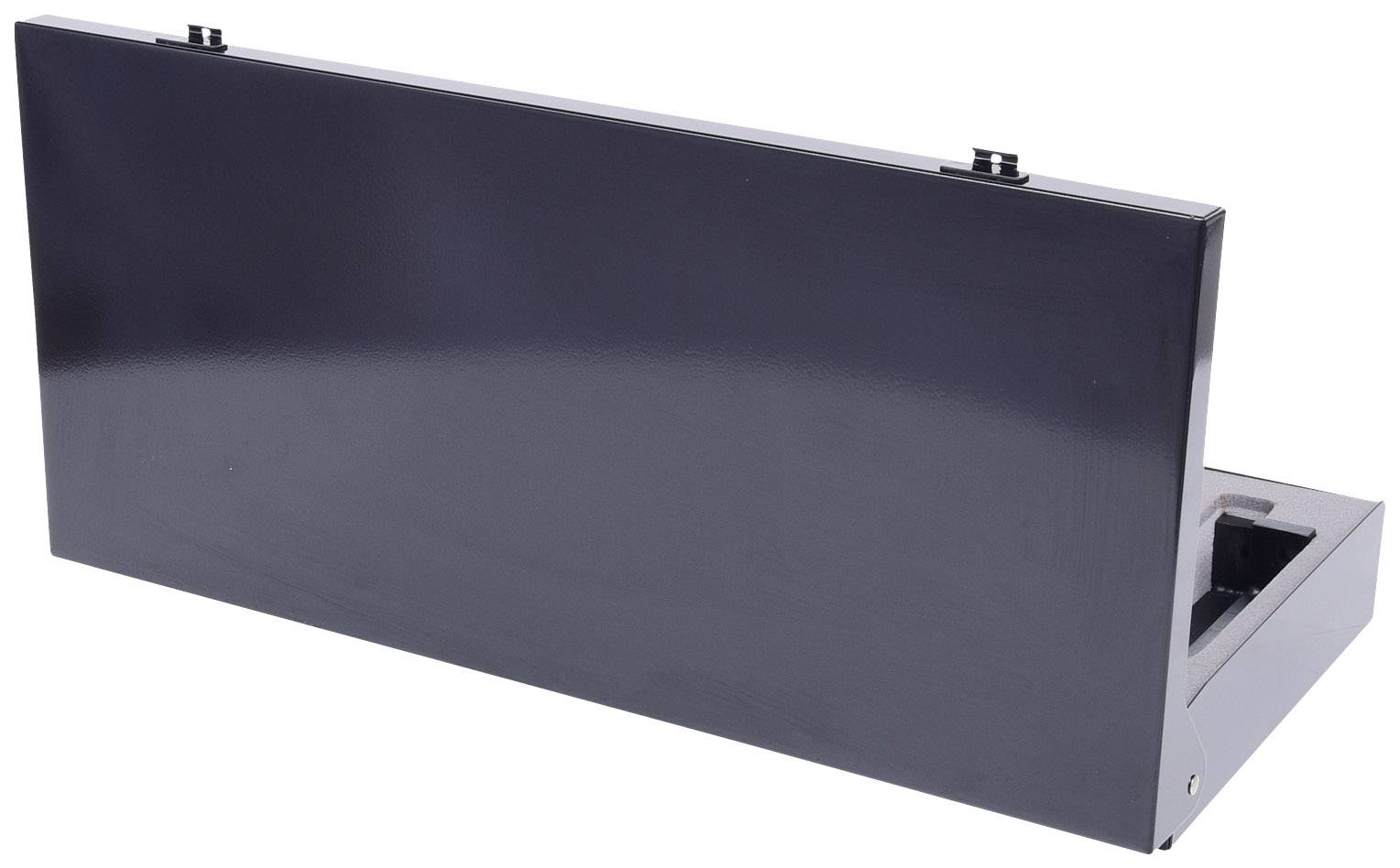 Black rectangular electronic display board, switched off, with a flat casing and slightly angled mounting bracket.