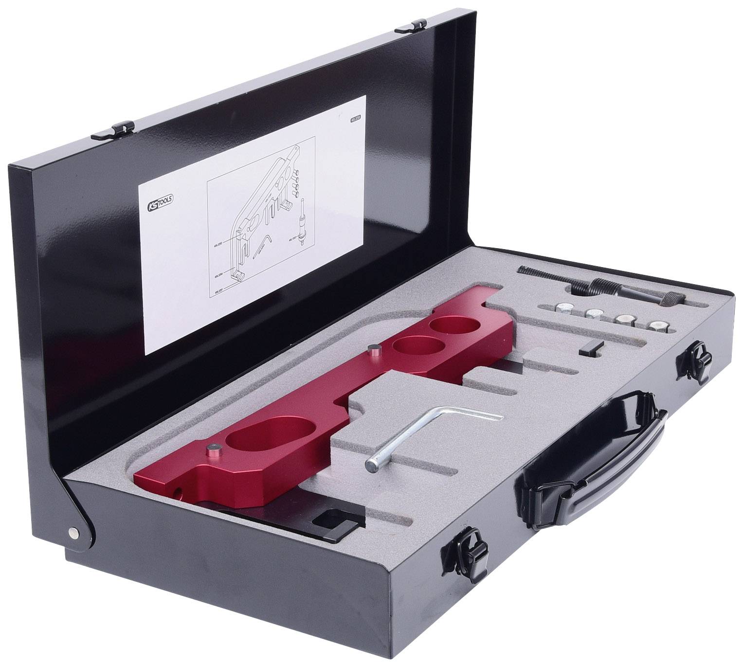 Black tool case opened, showing precisely fitted red insert in foam. Assembly instructions attached to the inside of the lid.