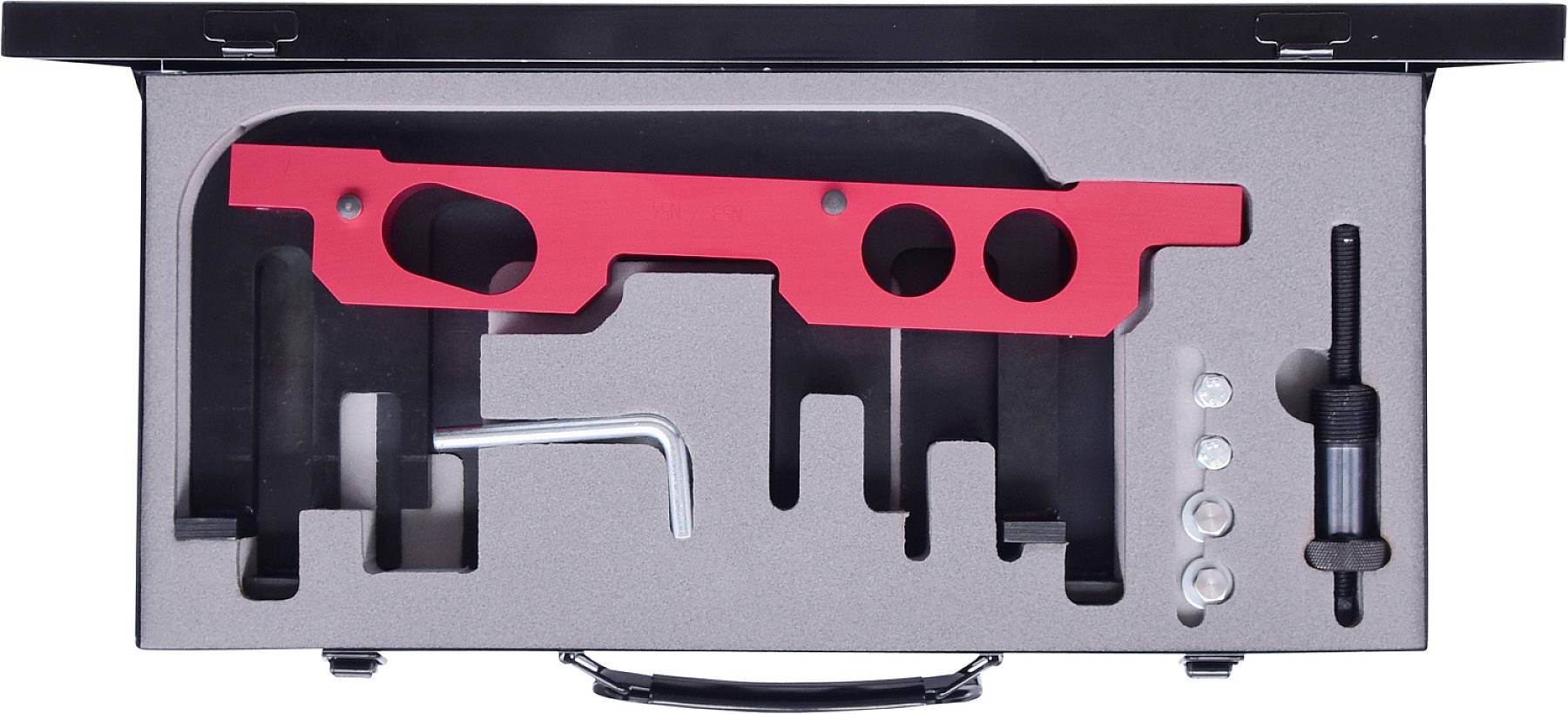 Tool set in a case for motor repair, containing red holder, Allen keys, bolts and various smaller parts, in foam insert.