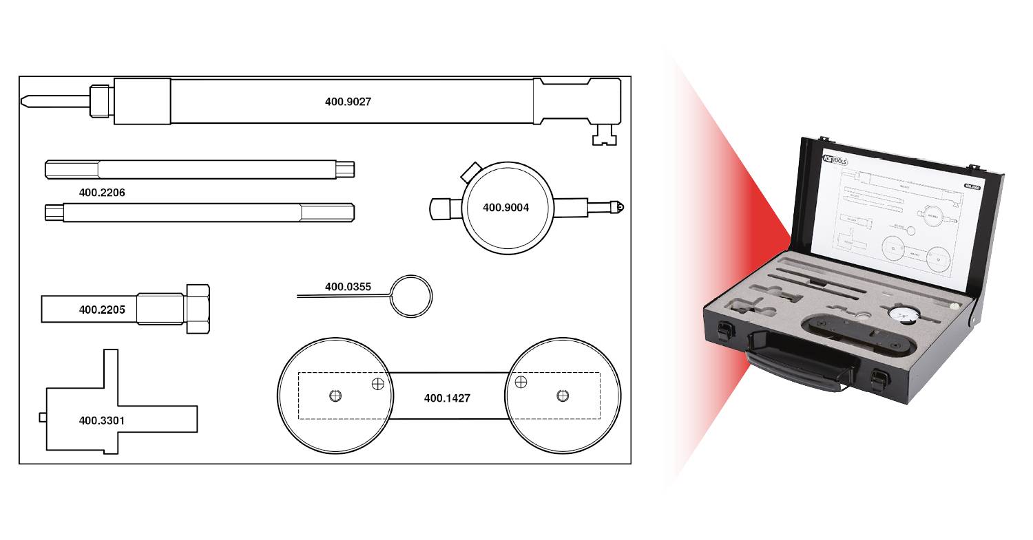 'Illustration of a toolbox with several precise measuring instruments and their catalogue numbers.'