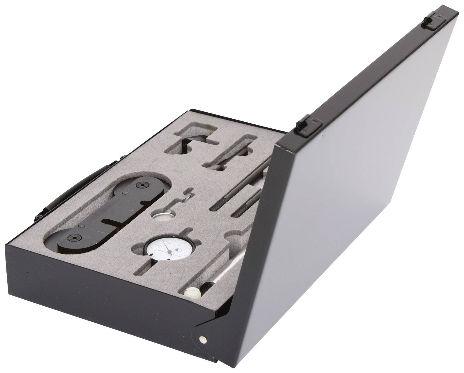 An open black case contains precise tools and instruments, including a dial gauge, in orderly compartments.