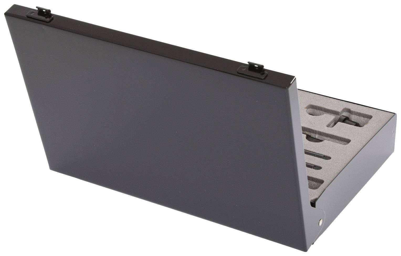 Black briefcase with open lid, interior fitted with foam inserts for various tools and accessories.