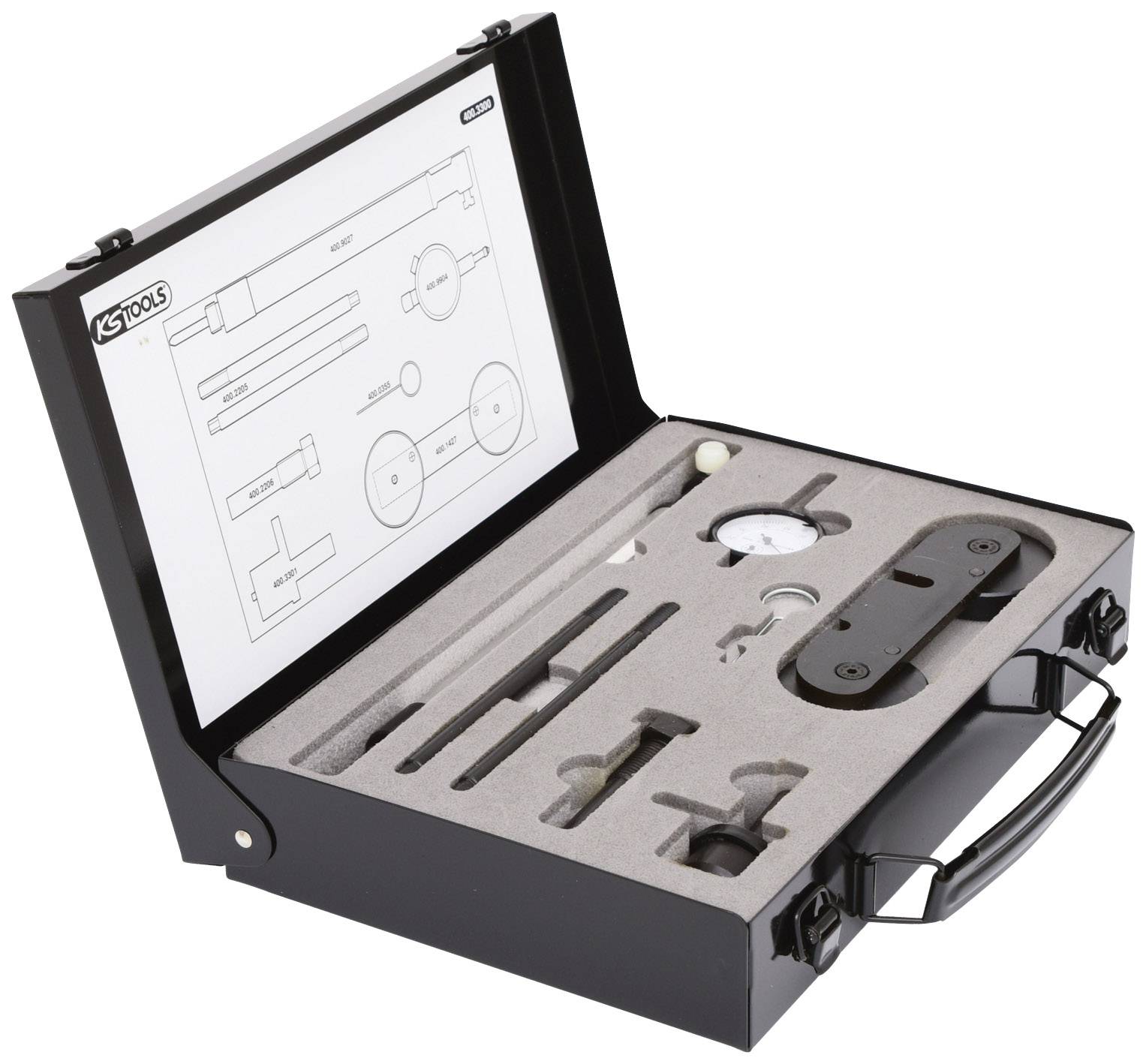 An opened tool set with various tools nestled in shaped foam. Diagram of contents on the lid.