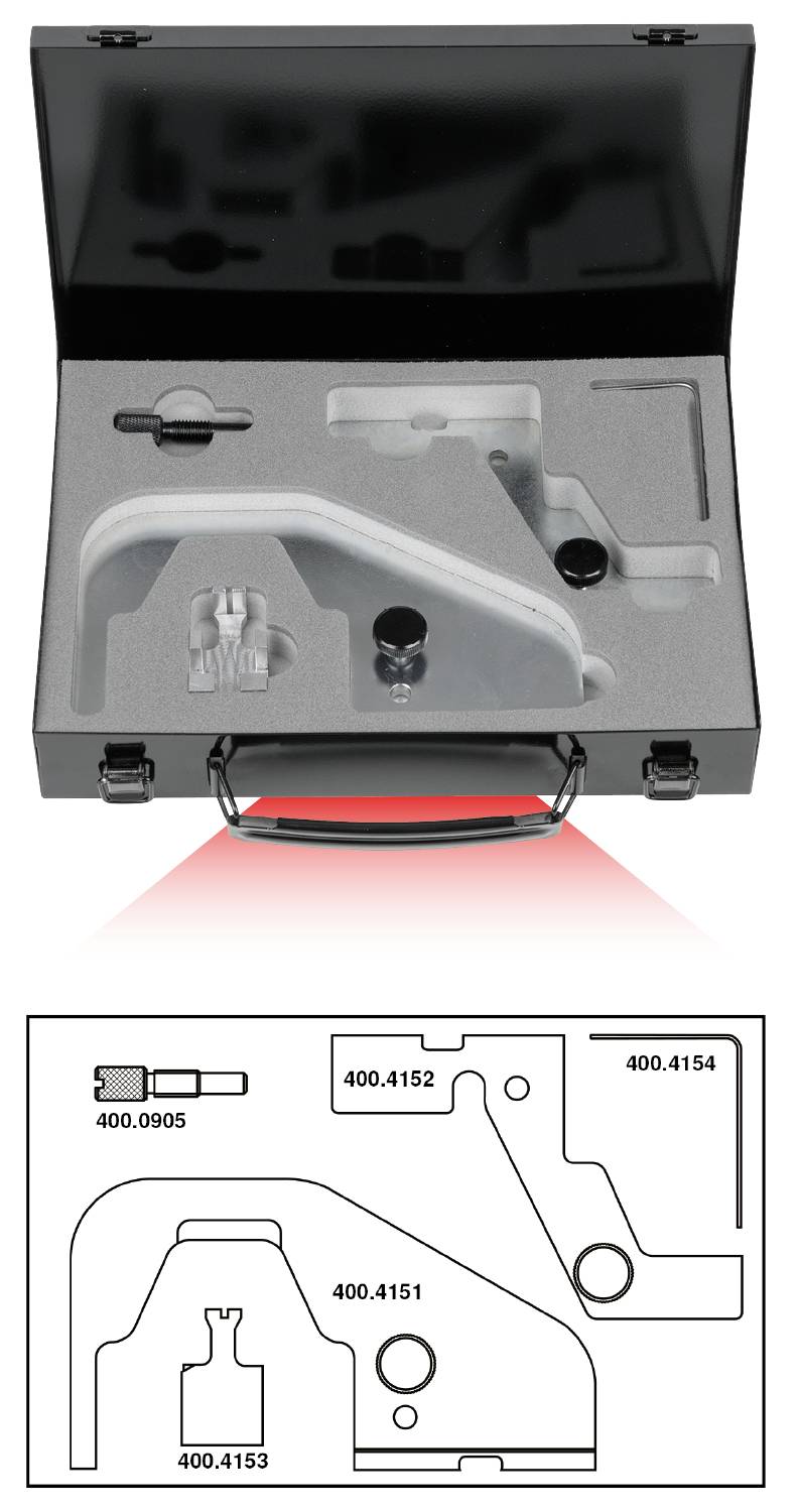 Black case with foam lining and precisely shaped, metallic tools. Storage arrangement for secure preservation.