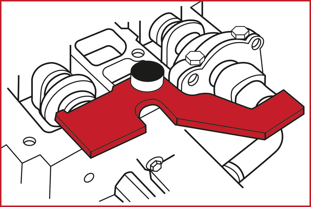 Technical drawing of an engine component with a red lever inserted over a shaft. Lever marked for assembly instructions.