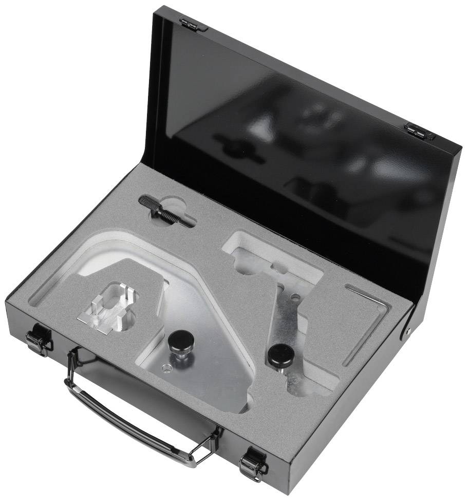 A black case with moulded foam interior containing various tools and accessories.