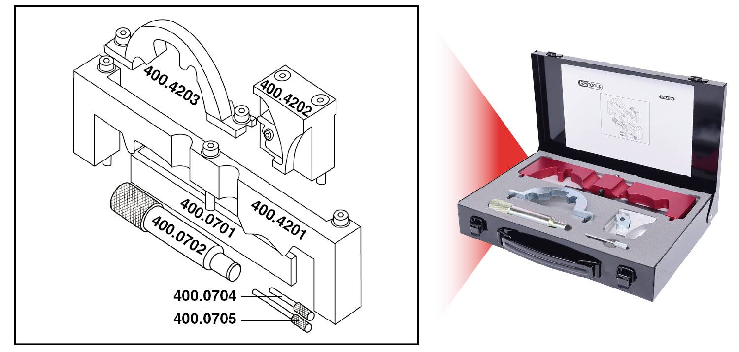 'Tool case with mechanical parts and instruction manual. Diagram shows parts with article numbers, fitted in foam form.'