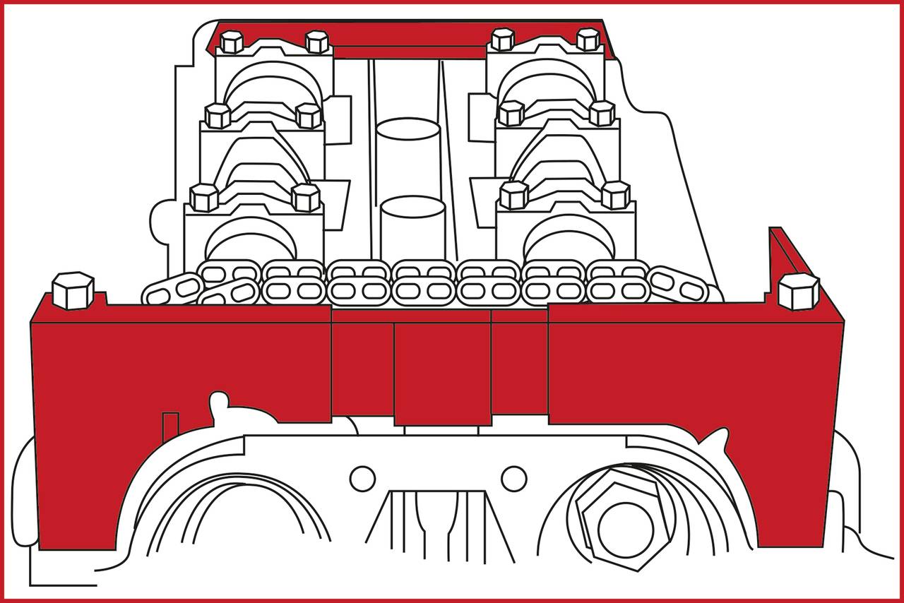 Illustration of an engine with red components. It shows cylinder heads and valve arrangement to illustrate the internal structure.