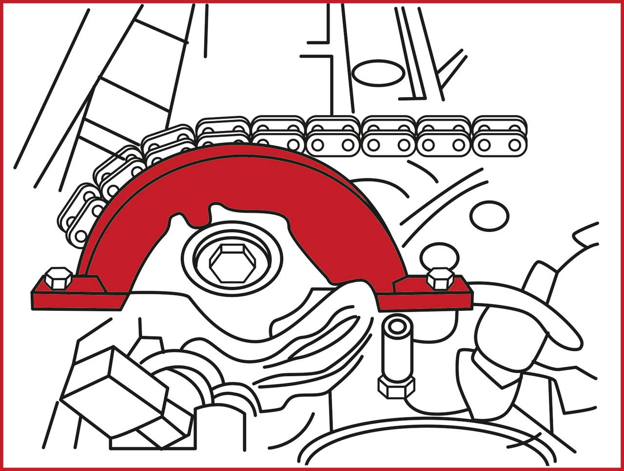 Drawing of an engine with red parts highlighted, representing a chain guard. Mechanical details and chain routing visible.