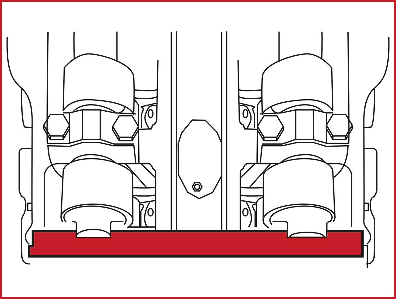 Diagram shows technical cross-section of an engine with two cylinders and overhead camshafts. Red line marks the camshaft level.