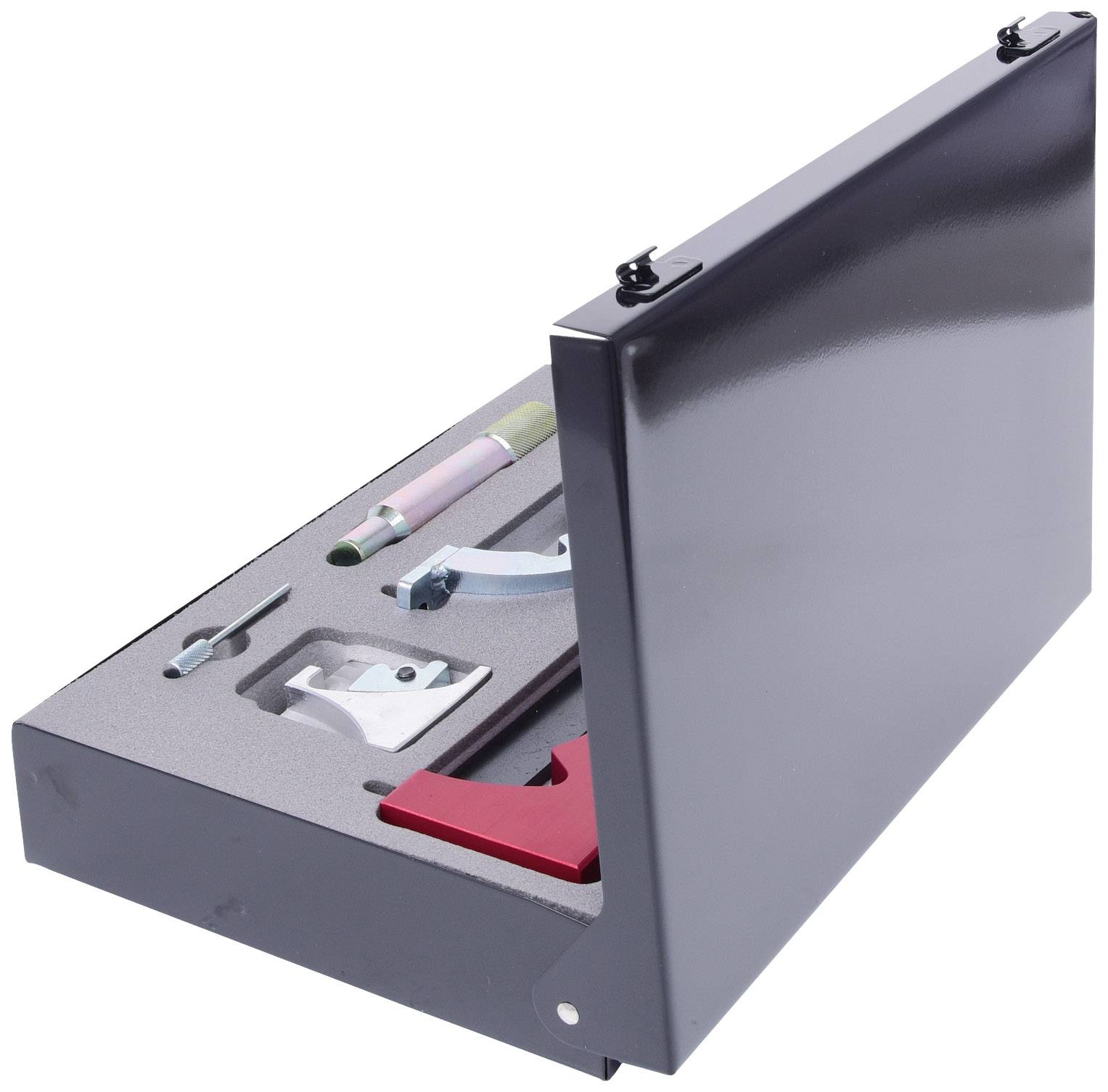 An open toolbox with specially shaped tools in a foam insert. Tools are labelled and organised.