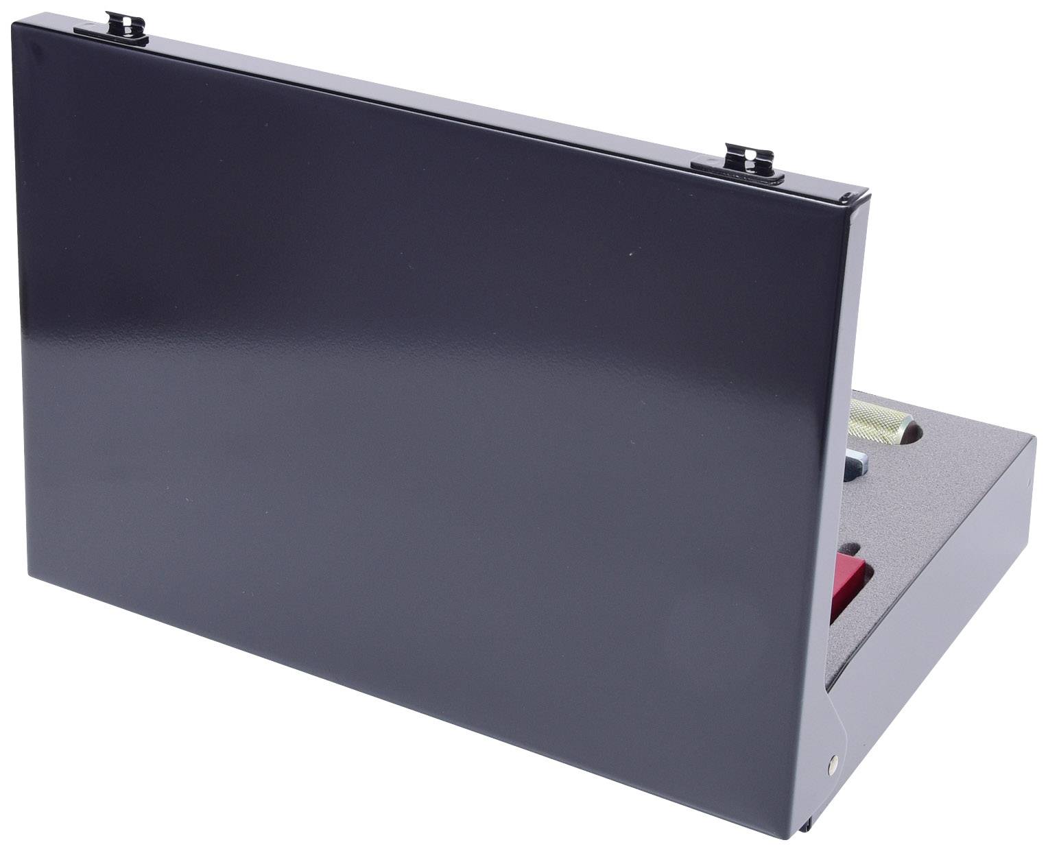 'Hinged metal case with snap locks, partially open, revealing foam lining with no discernible contents.'