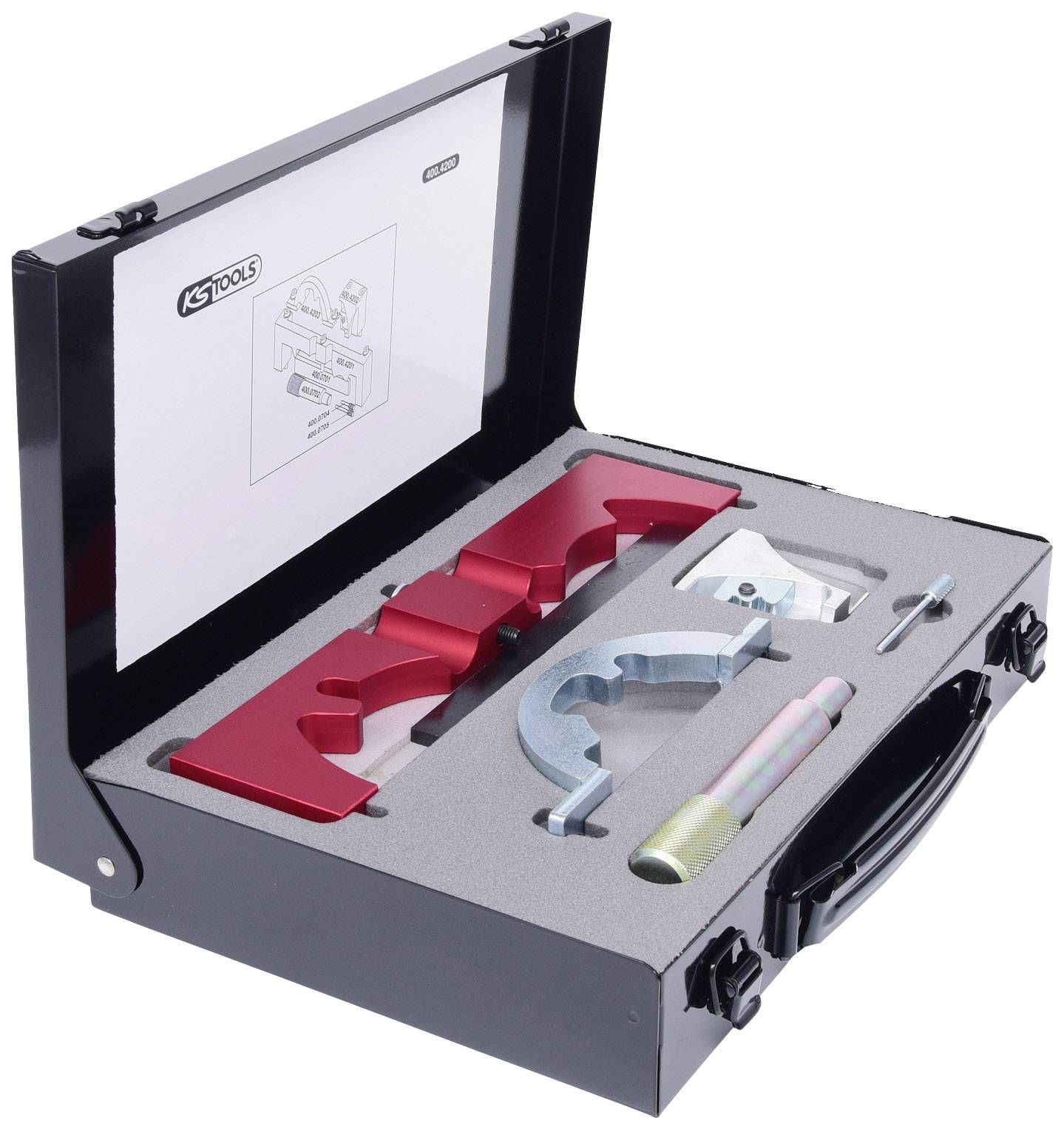 An opened toolbox with various automotive tools in a foam insert; contains red and silver metal parts.