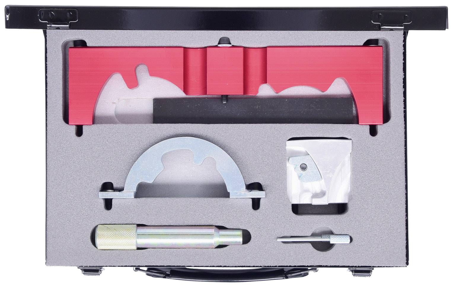 Toolbox with specialist tools for engine repairs, including timing belt tools and a voltage tester.