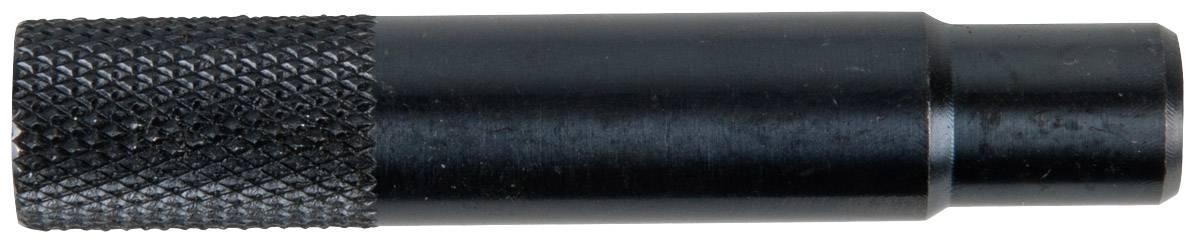 Metallic adapter with a knurled surface, black. Used to securely connect two components of a device.