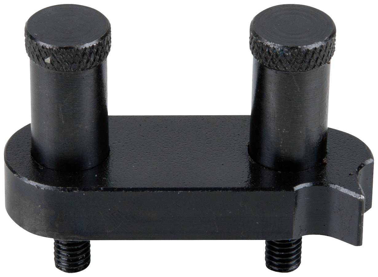 A black metal tool with two ridged screw heads vertically arranged on a flat base.