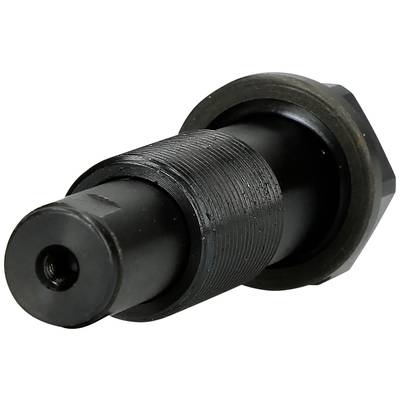 Black metal tool with a cylindrical shape and thread, presumably a screw or bolt extractor, against a white background.