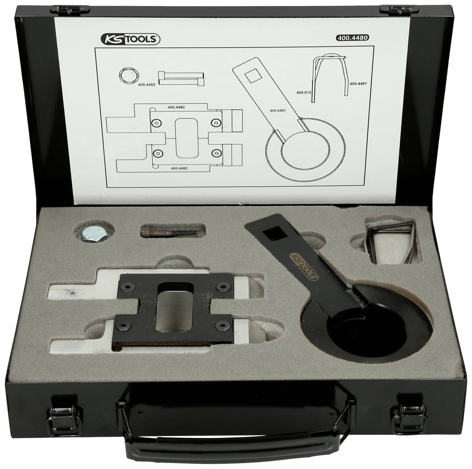 'Automotive adjustment tool set in an opened black case with foam lining and diagram on the lid.'