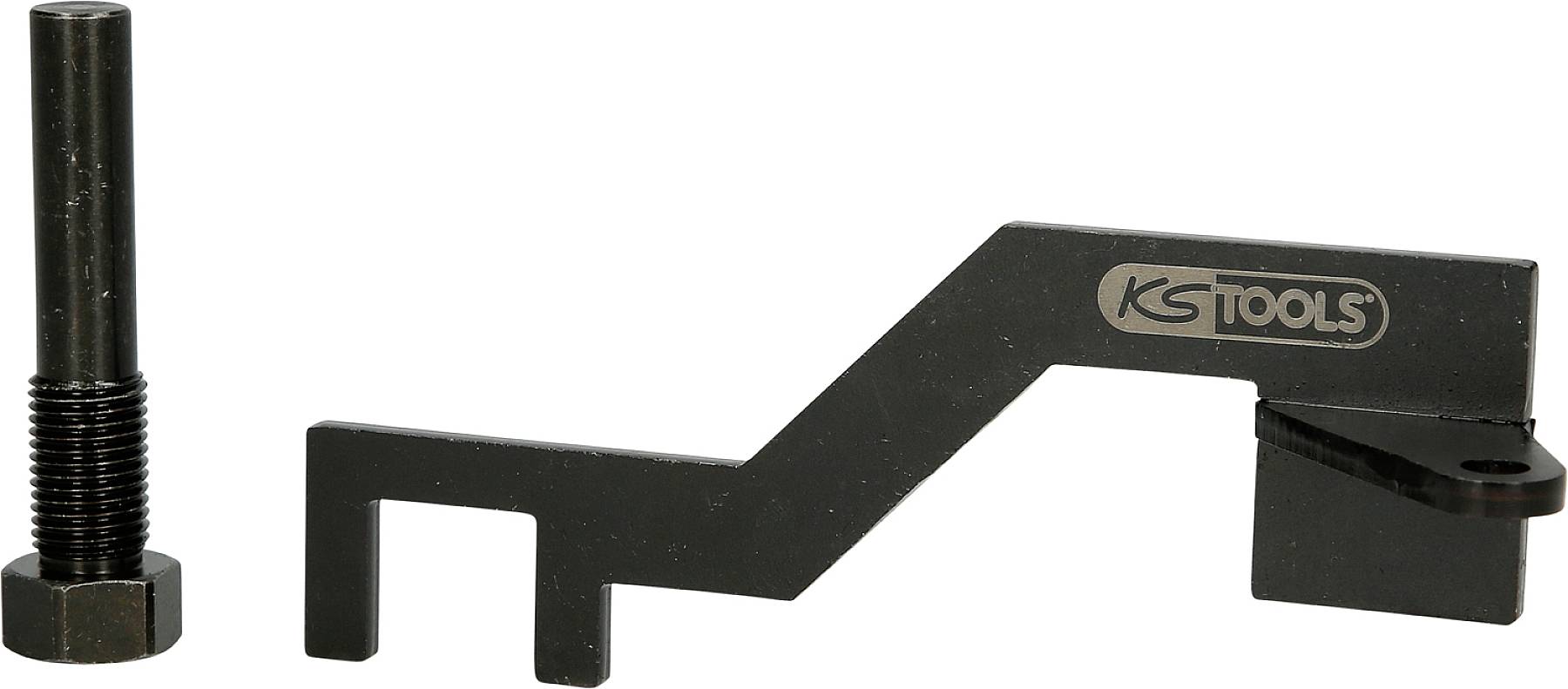 'Specialist tool by KS Tools comprising two metal components: a long bolt with a nut and a curved bracket with logo printing.'