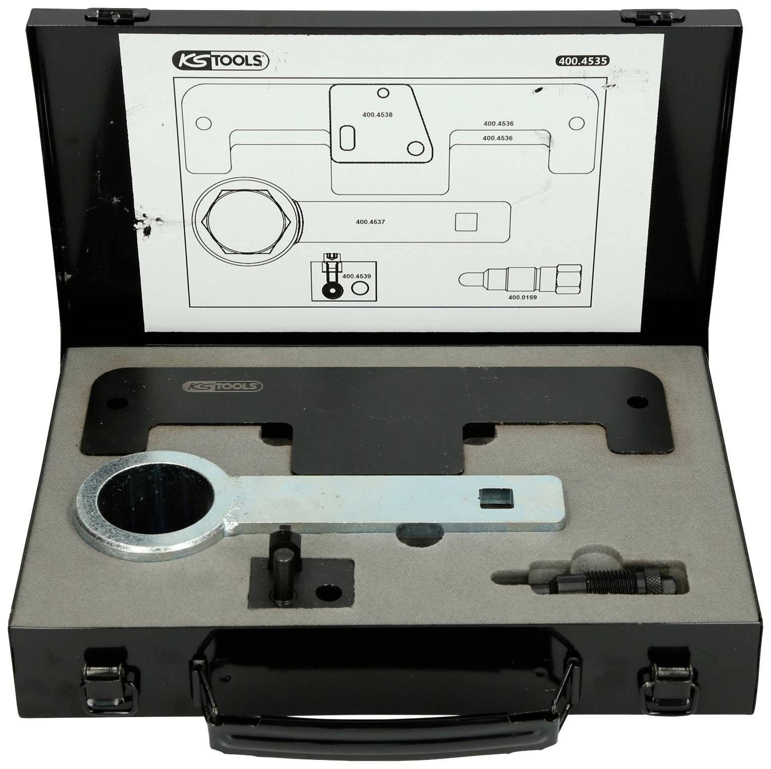 A tool case with specific automotive tools, including a large ring spanner and several sockets, as shown in the lid illustration.