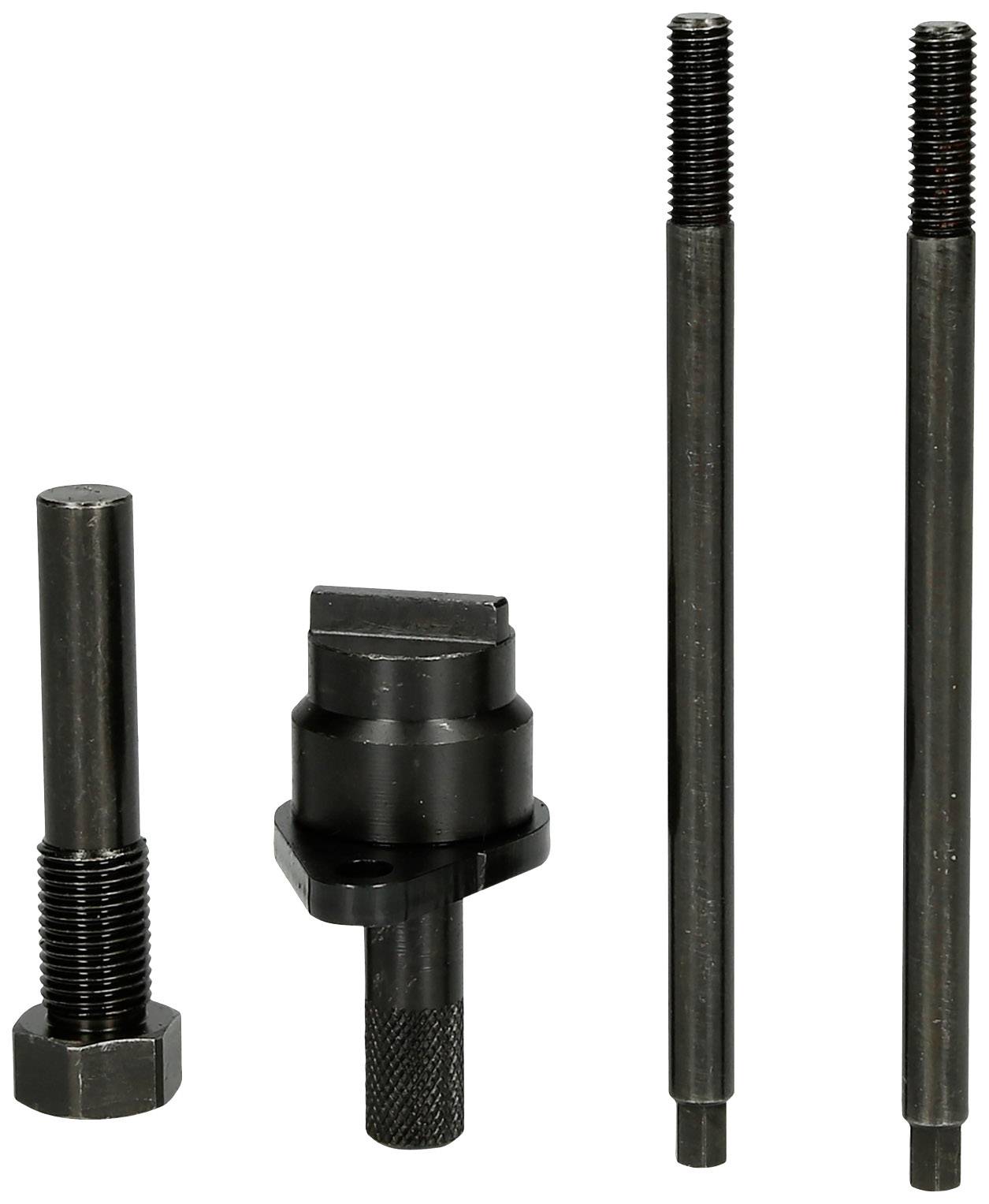 Four metal tools: a bolt, an adapter, and two threaded rods. Usage unclear, likely for mechanical applications.