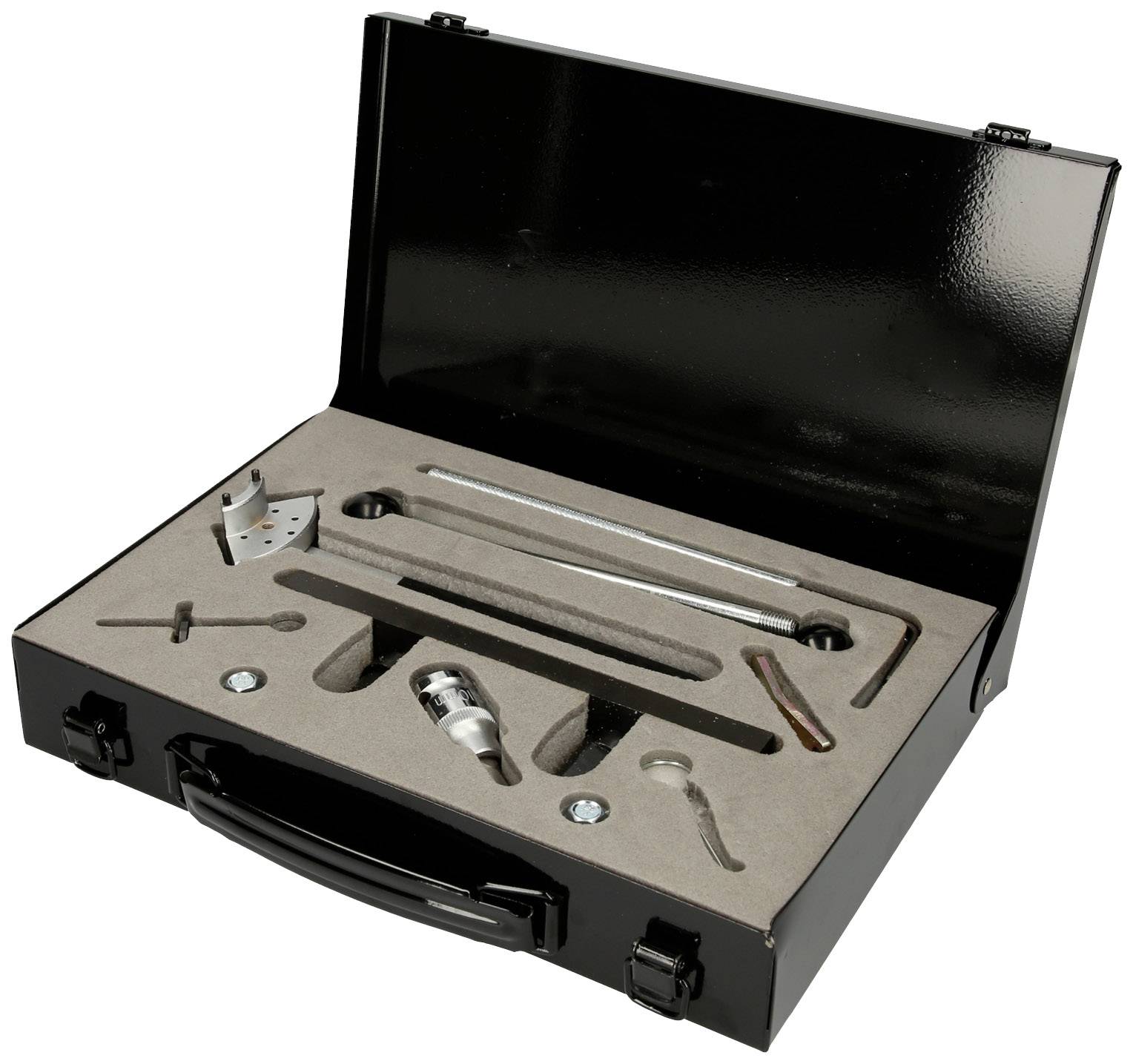 Black tool case open with various tools, including spanners, pliers and screwdrivers, securely organised in a foam insert.