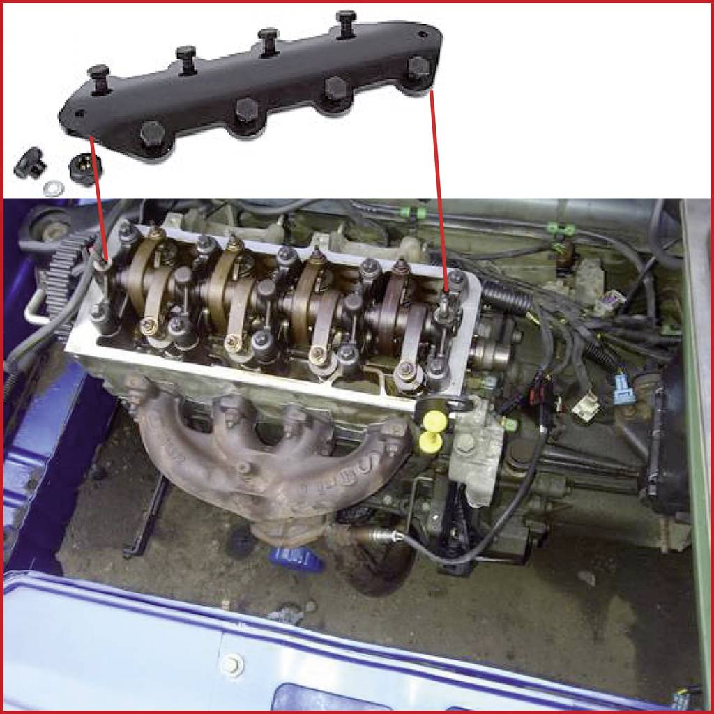 Engine block with open cover, revealing piston and crankshaft; upper overlay of the cover with mounting screws.